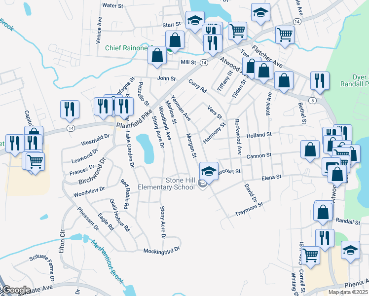 map of restaurants, bars, coffee shops, grocery stores, and more near 130 Marlow Street in Cranston