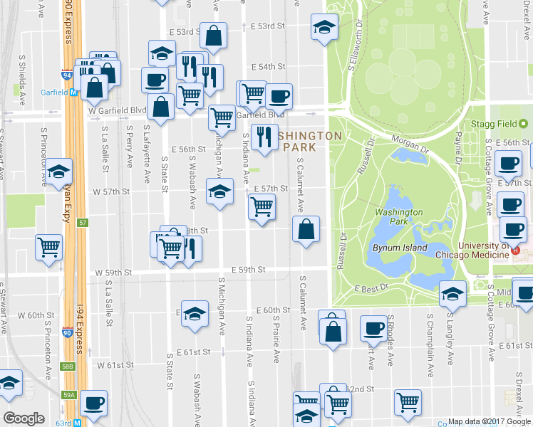 map of restaurants, bars, coffee shops, grocery stores, and more near 5736 South Prairie Avenue in Chicago