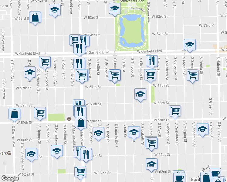 map of restaurants, bars, coffee shops, grocery stores, and more near 5712 South Loomis Boulevard in Chicago