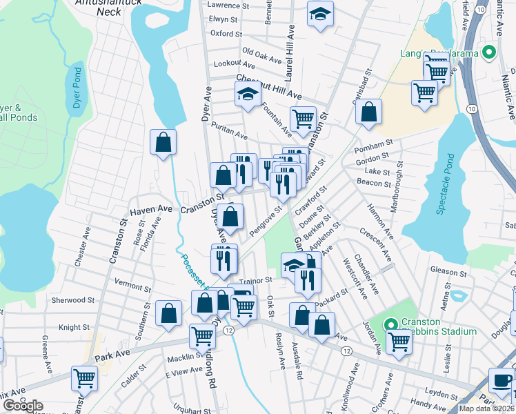 map of restaurants, bars, coffee shops, grocery stores, and more near 18 Cleveland Avenue in Cranston