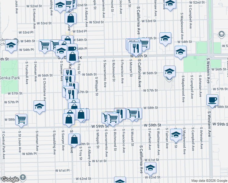map of restaurants, bars, coffee shops, grocery stores, and more near 2930 West 57th Street in Chicago