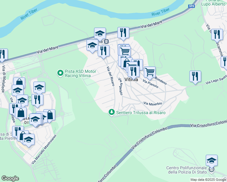 map of restaurants, bars, coffee shops, grocery stores, and more near 106 Via del Risaro in Vitinia