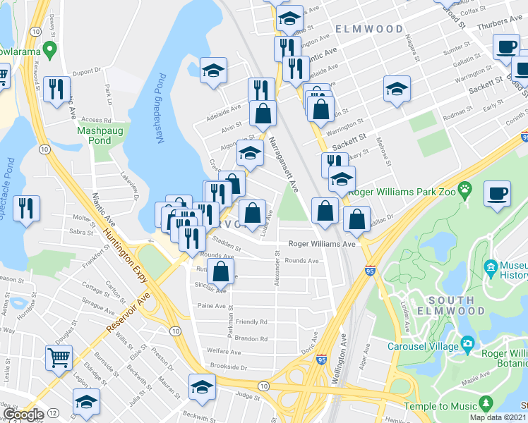 map of restaurants, bars, coffee shops, grocery stores, and more near 48 Delmar St in Providence