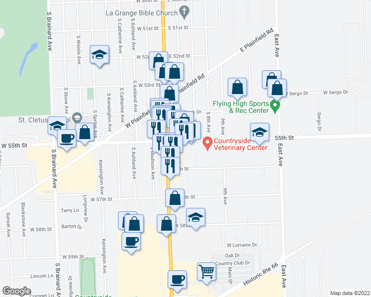 map of restaurants, bars, coffee shops, grocery stores, and more near 9945 W 55th St in Countryside