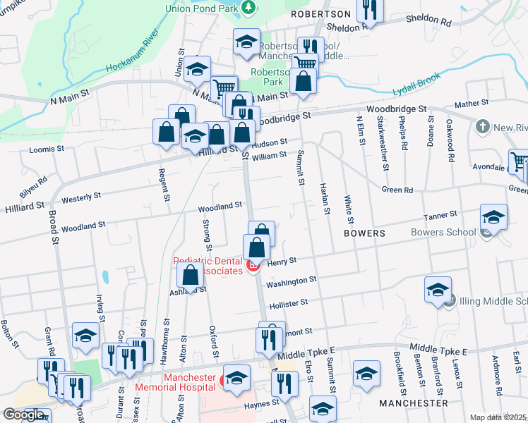 map of restaurants, bars, coffee shops, grocery stores, and more near 18 Grove Street in Manchester
