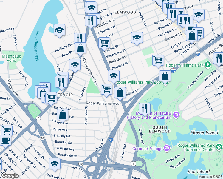 map of restaurants, bars, coffee shops, grocery stores, and more near 18 Belden Street in Providence