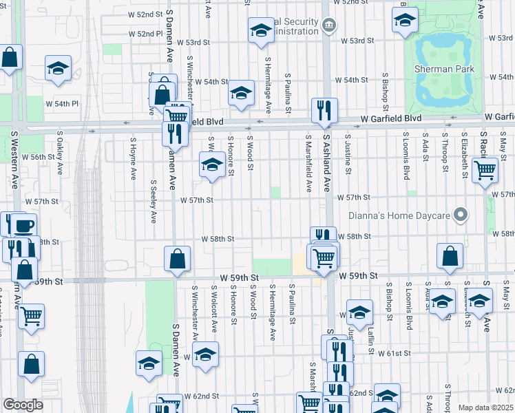 map of restaurants, bars, coffee shops, grocery stores, and more near 5707 South Wood Street in Chicago