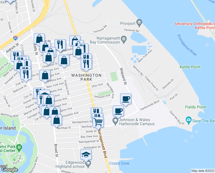 map of restaurants, bars, coffee shops, grocery stores, and more near 101 California Avenue in Providence