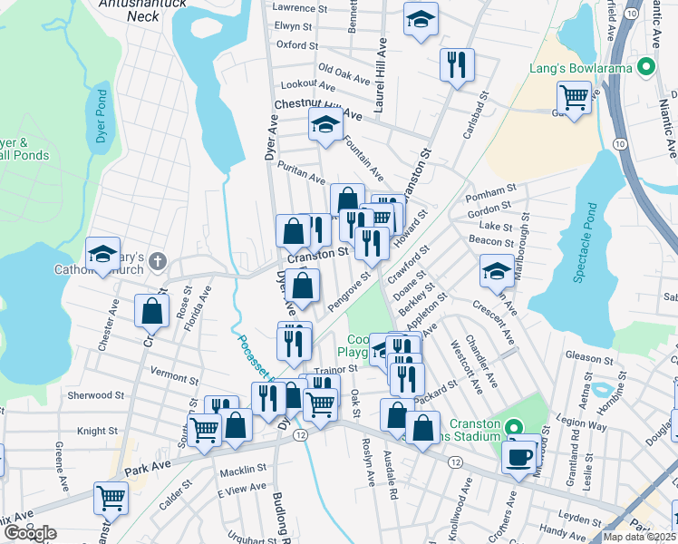map of restaurants, bars, coffee shops, grocery stores, and more near 18 Cleveland Avenue in Cranston