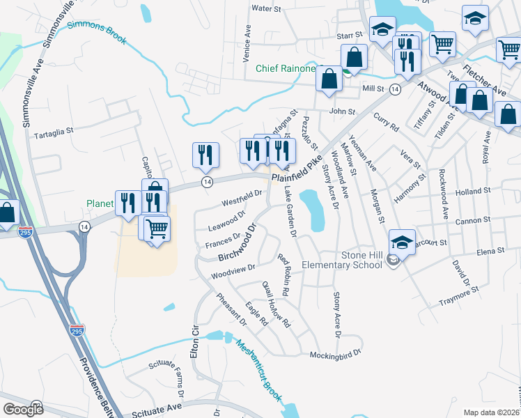 map of restaurants, bars, coffee shops, grocery stores, and more near 133 Birchwood Drive in Cranston