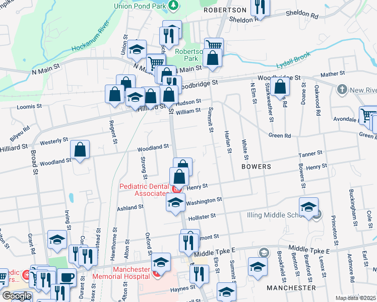 map of restaurants, bars, coffee shops, grocery stores, and more near 18 Grove Street in Manchester