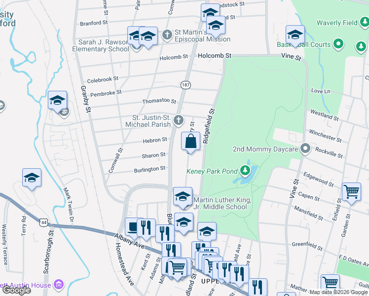 map of restaurants, bars, coffee shops, grocery stores, and more near 81 Canterbury Street in Hartford