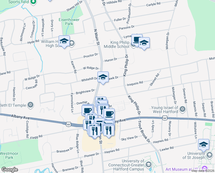 map of restaurants, bars, coffee shops, grocery stores, and more near in Hartford
