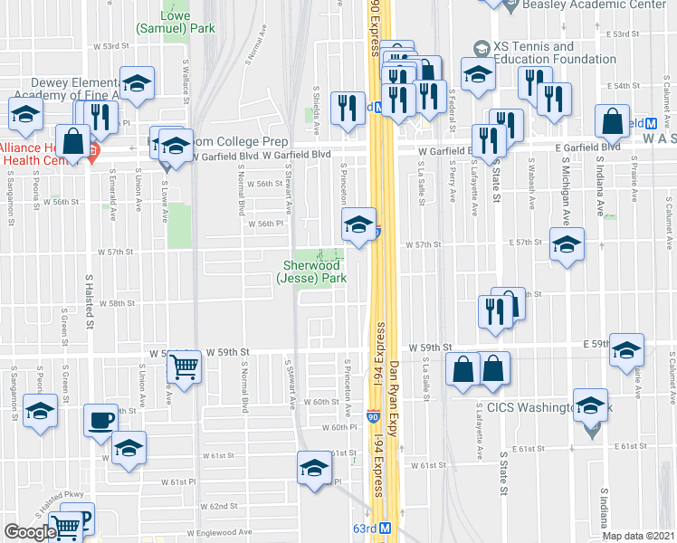 map of restaurants, bars, coffee shops, grocery stores, and more near 5726 South Princeton Avenue in Chicago