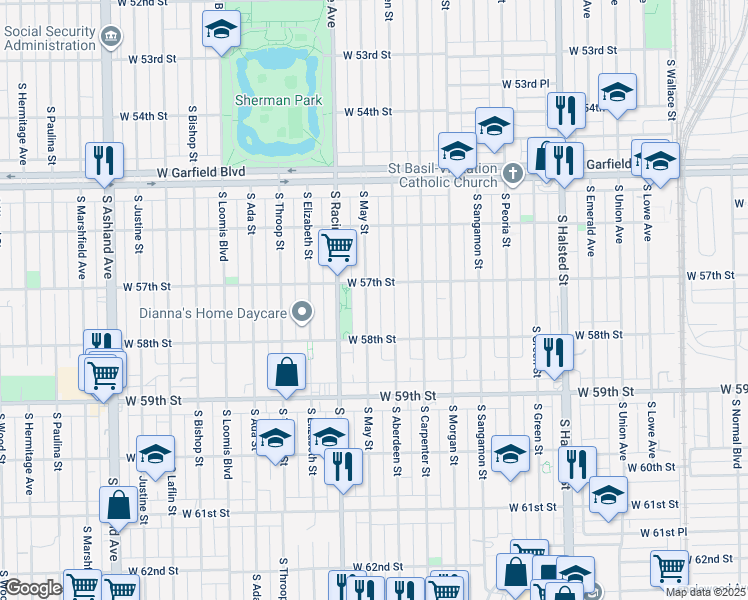 map of restaurants, bars, coffee shops, grocery stores, and more near 5714 South Aberdeen Street in Chicago