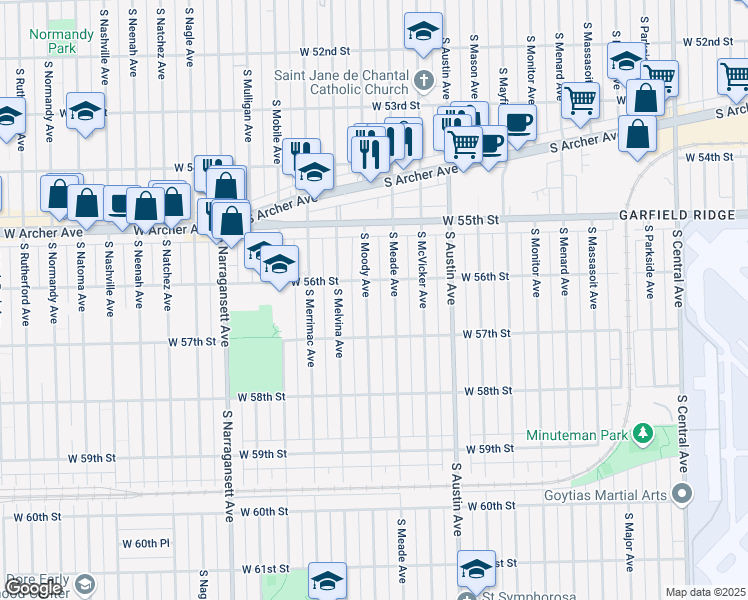 map of restaurants, bars, coffee shops, grocery stores, and more near 5619 South Moody Avenue in Chicago