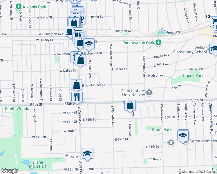 map of restaurants, bars, coffee shops, grocery stores, and more near 127 East Des Moines Street in Westmont