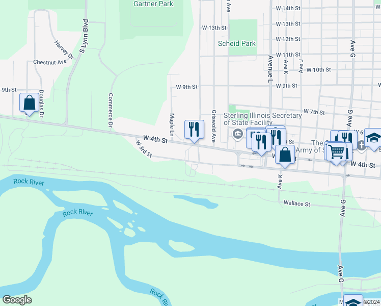 map of restaurants, bars, coffee shops, grocery stores, and more near 307 Dillon Avenue in Sterling