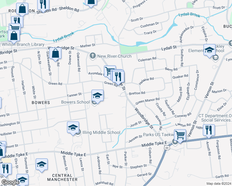 map of restaurants, bars, coffee shops, grocery stores, and more near 464 Woodbridge Street in Manchester