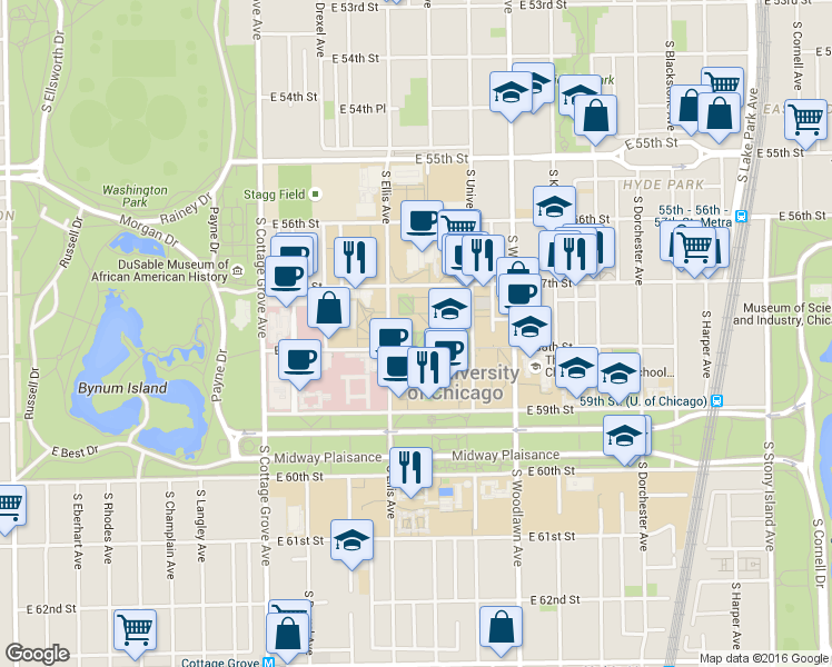 map of restaurants, bars, coffee shops, grocery stores, and more near 1020 East 58th Street in Chicago