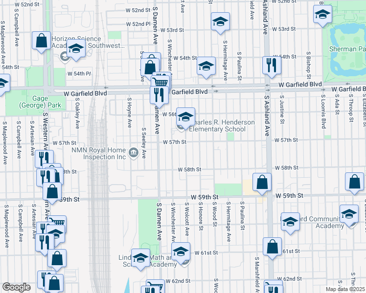 map of restaurants, bars, coffee shops, grocery stores, and more near 5706 South Wolcott Avenue in Chicago