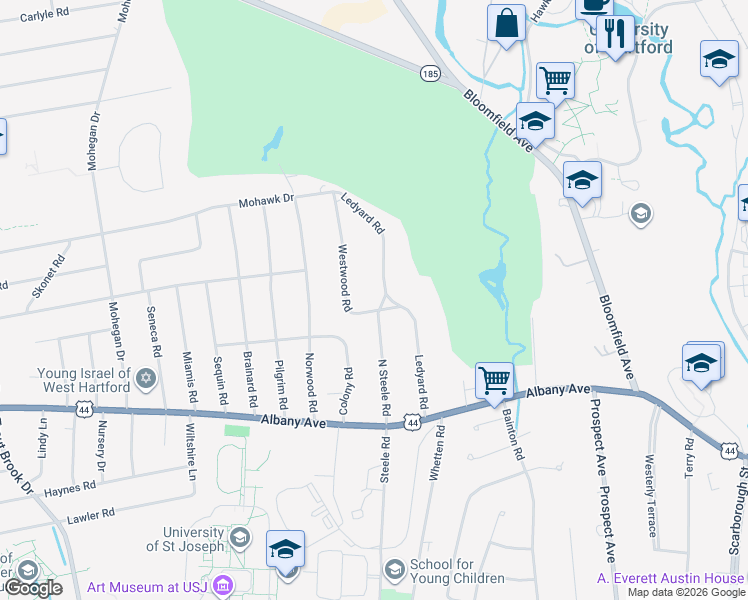 map of restaurants, bars, coffee shops, grocery stores, and more near 61 Ledyard Road in West Hartford