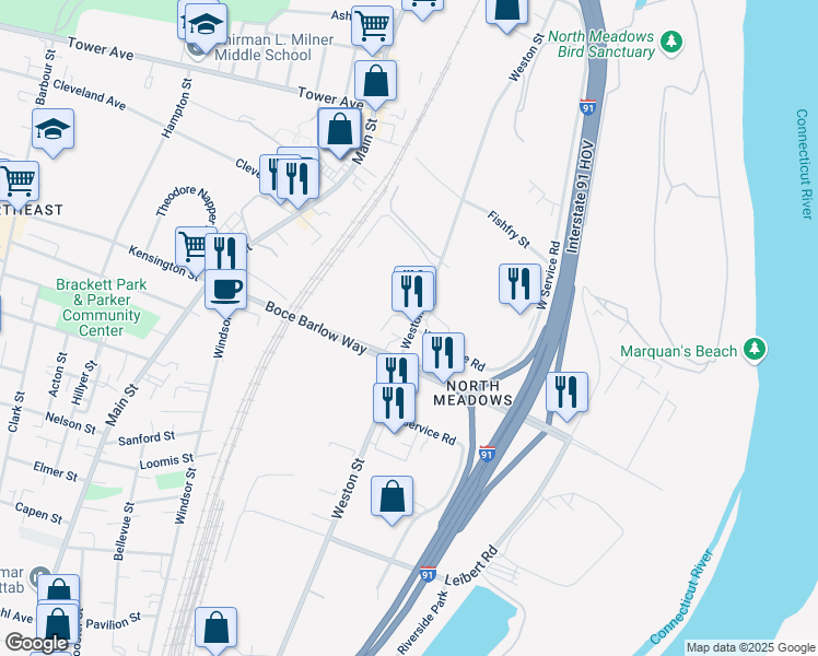 map of restaurants, bars, coffee shops, grocery stores, and more near 141 Weston Street in Hartford