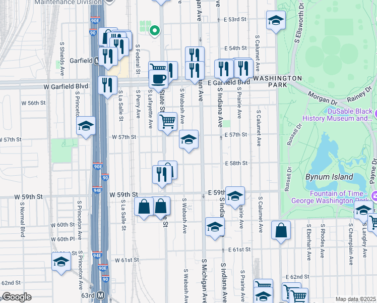 map of restaurants, bars, coffee shops, grocery stores, and more near 5740 South Michigan Avenue in Chicago