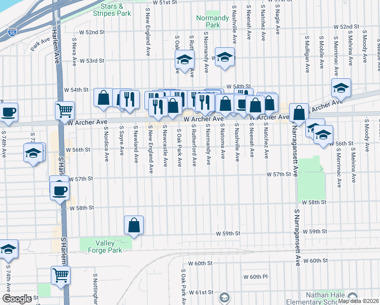 map of restaurants, bars, coffee shops, grocery stores, and more near 5608 South Rutherford Avenue in Chicago