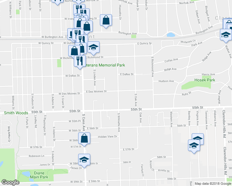 map of restaurants, bars, coffee shops, grocery stores, and more near 127 East Des Moines Street in Westmont