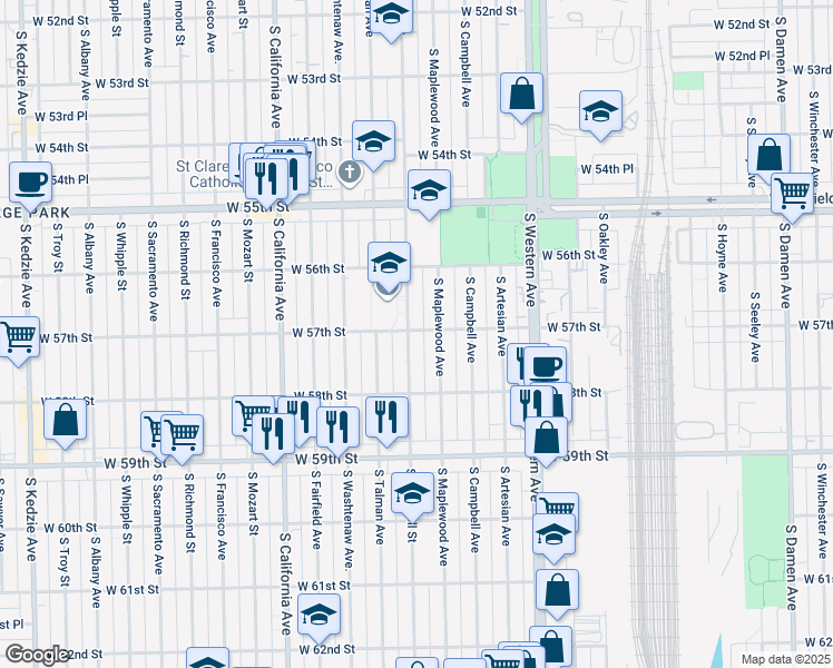 map of restaurants, bars, coffee shops, grocery stores, and more near 2553 West 57th Street in Chicago