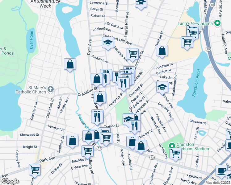 map of restaurants, bars, coffee shops, grocery stores, and more near 18 Cleveland Avenue in Cranston