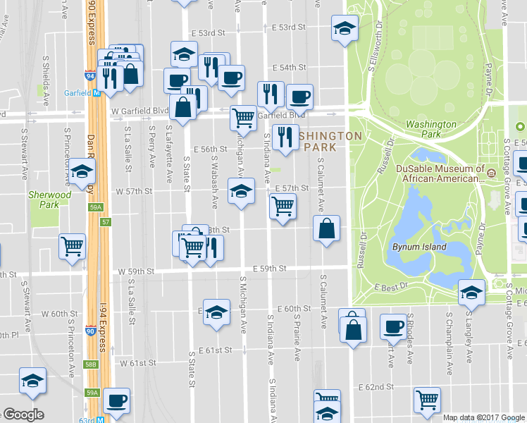 map of restaurants, bars, coffee shops, grocery stores, and more near 5734 South Indiana Avenue in Chicago
