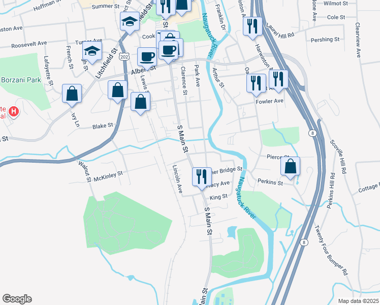 map of restaurants, bars, coffee shops, grocery stores, and more near 515 South Main Street in Torrington