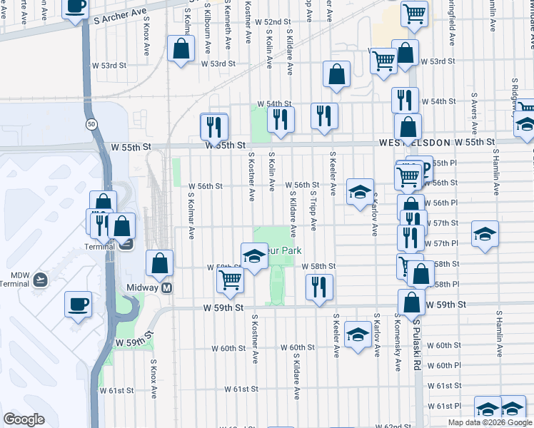 map of restaurants, bars, coffee shops, grocery stores, and more near 5642 South Kolin Avenue in Chicago