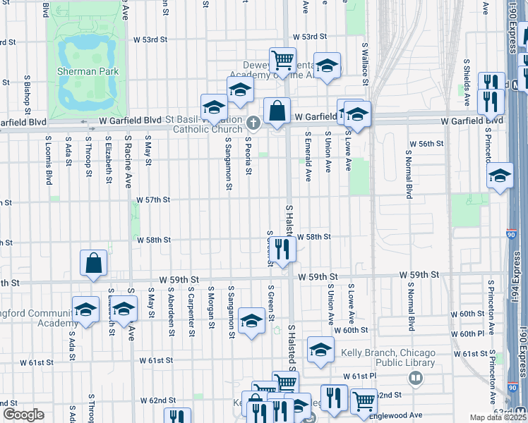 map of restaurants, bars, coffee shops, grocery stores, and more near 5718 South Green Street in Chicago