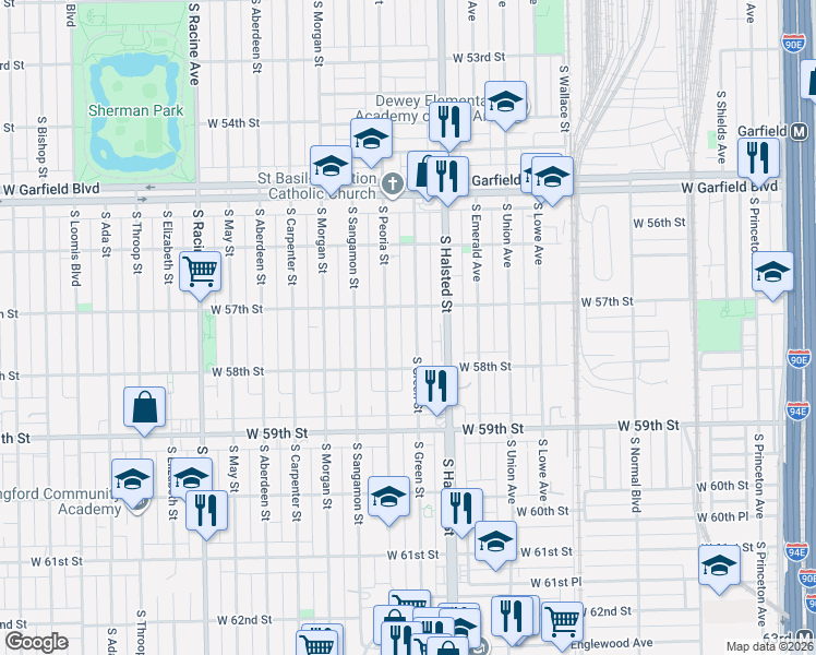 map of restaurants, bars, coffee shops, grocery stores, and more near 5718 South Green Street in Chicago