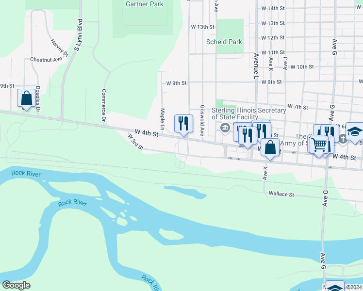 map of restaurants, bars, coffee shops, grocery stores, and more near 307 Dillon Avenue in Sterling