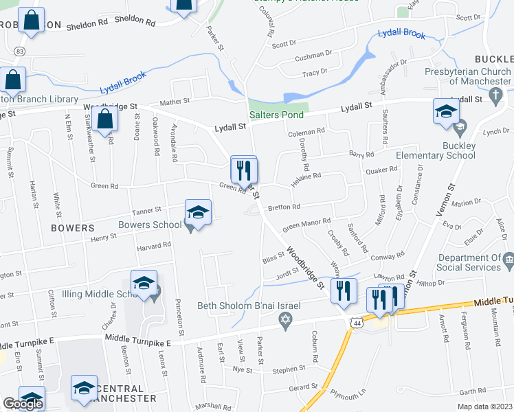 map of restaurants, bars, coffee shops, grocery stores, and more near 461 Woodbridge Street in Manchester