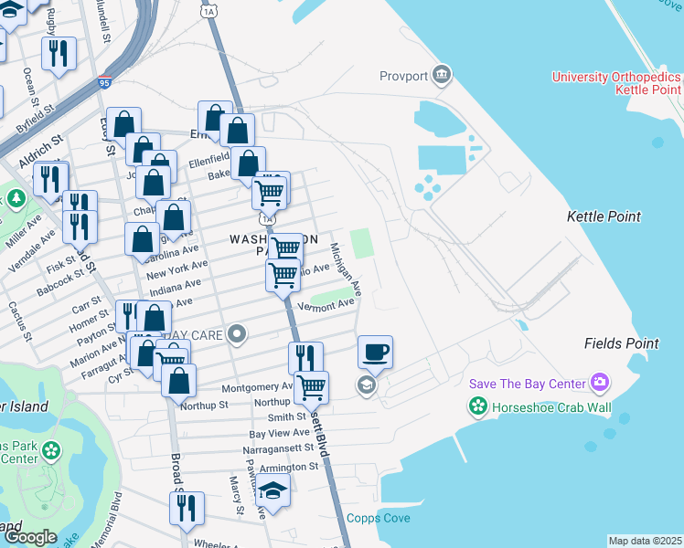 map of restaurants, bars, coffee shops, grocery stores, and more near 85 California Avenue in Providence
