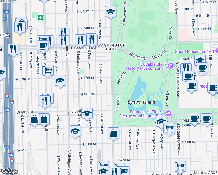map of restaurants, bars, coffee shops, grocery stores, and more near 5730 South King Drive in Chicago