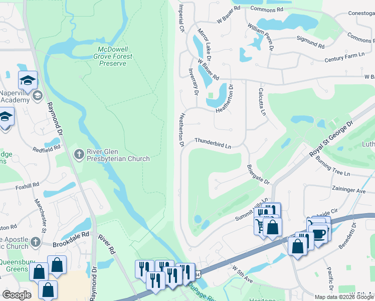 map of restaurants, bars, coffee shops, grocery stores, and more near 1215 Royal Saint George Drive in Naperville