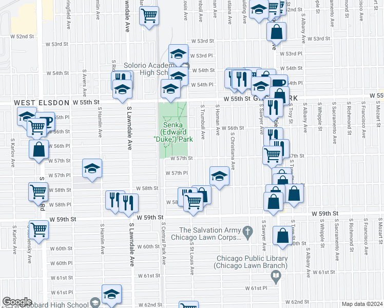 map of restaurants, bars, coffee shops, grocery stores, and more near 5649 South Saint Louis Avenue in Chicago