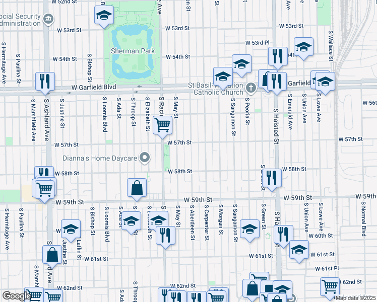 map of restaurants, bars, coffee shops, grocery stores, and more near 5714 South Aberdeen Street in Chicago