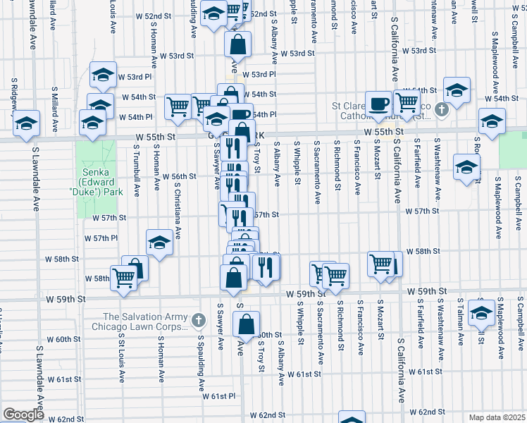 map of restaurants, bars, coffee shops, grocery stores, and more near 3120 West 57th Street in Chicago