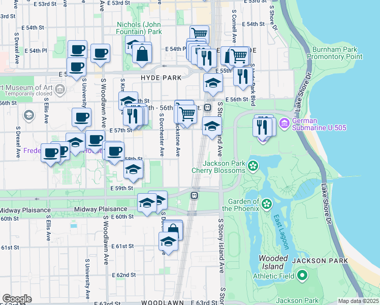 map of restaurants, bars, coffee shops, grocery stores, and more near 5748 South Harper Avenue in Chicago