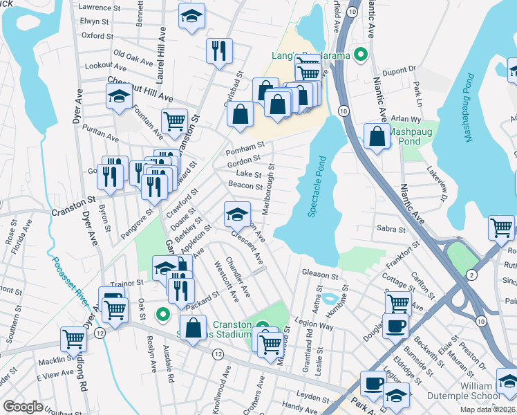 map of restaurants, bars, coffee shops, grocery stores, and more near 55 Lowell Street in Cranston