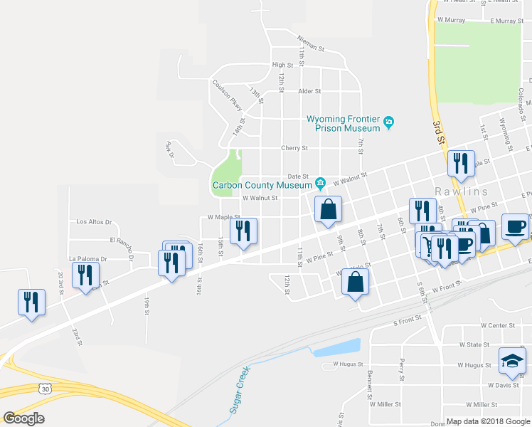 map of restaurants, bars, coffee shops, grocery stores, and more near 1217 W Maple St in Rawlins