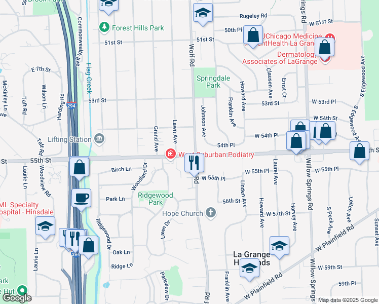 map of restaurants, bars, coffee shops, grocery stores, and more near 5450 Wolf Road in Western Springs