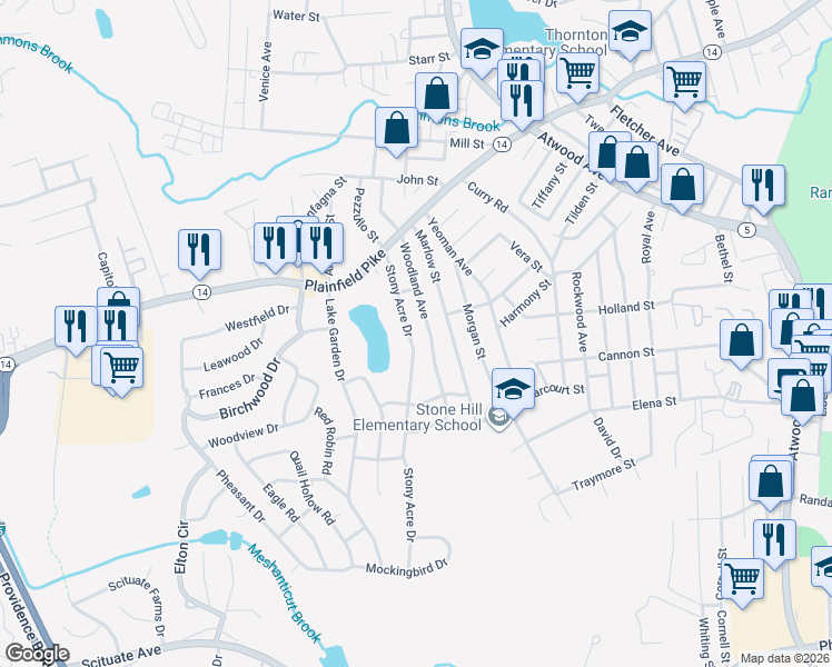 map of restaurants, bars, coffee shops, grocery stores, and more near 94 Stony Acre Dr in Cranston